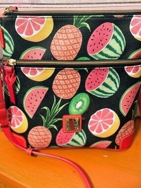 Dooney & Bourke  Ambrosia! Black Leather With Fruit Print Satchel, Red Trim